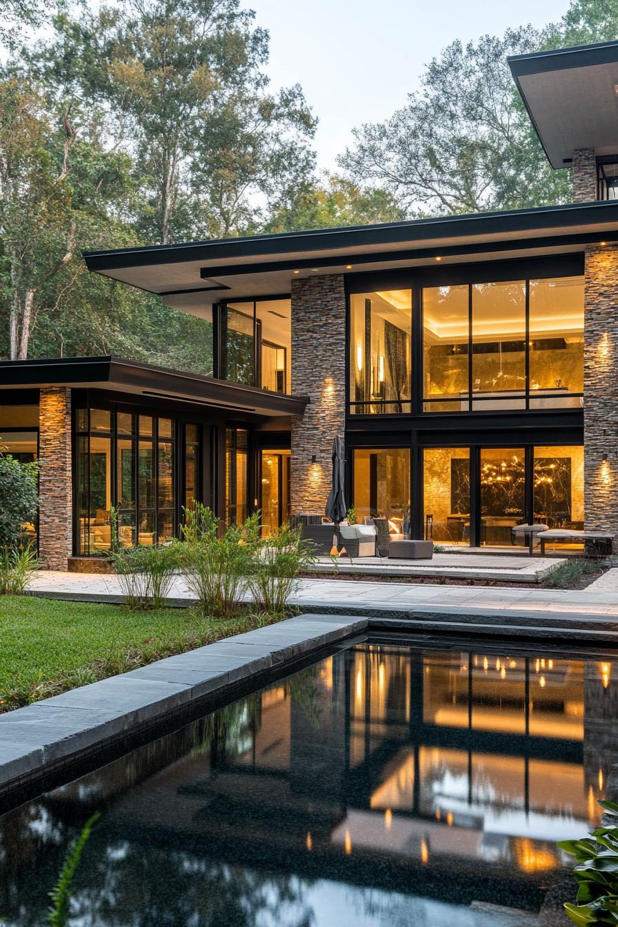 modern glass house exterior with visible charcoal interior 3