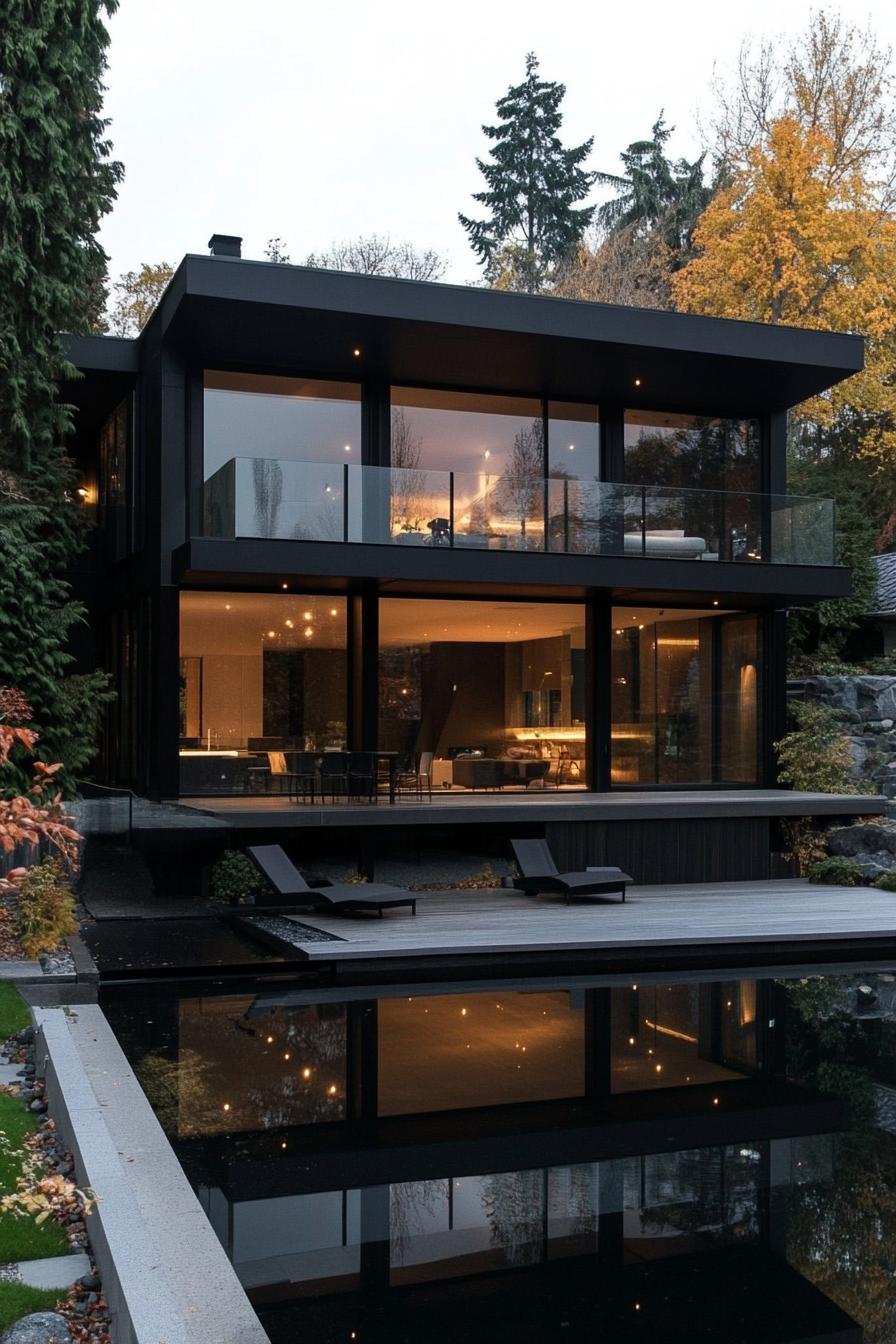 modern glass house exterior with visible charcoal interior