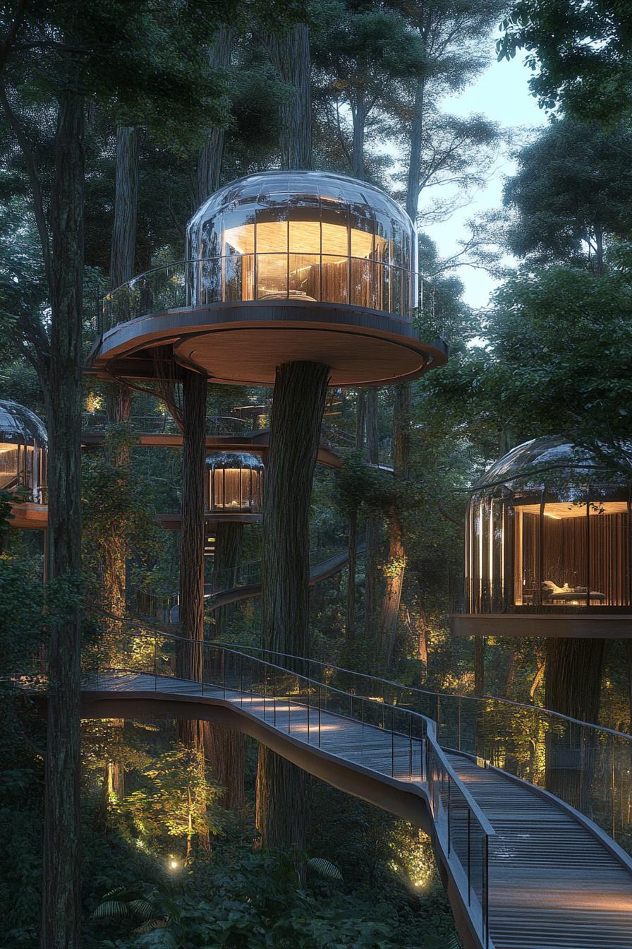 modern glass treehouse village with several cabins connected with suspended bridges between high trees 1