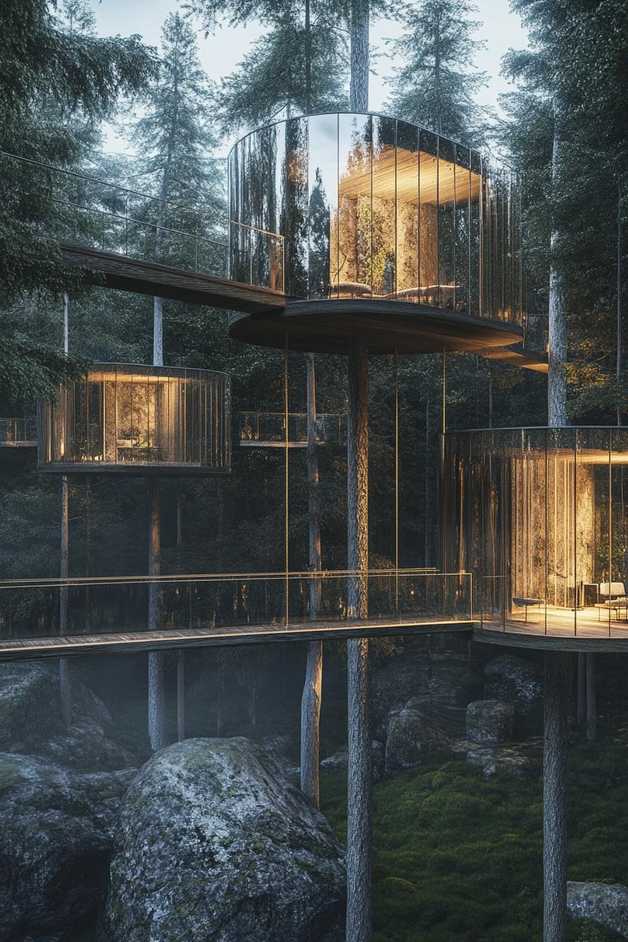 modern glass treehouse village with several cabins connected with suspended bridges between high trees 2