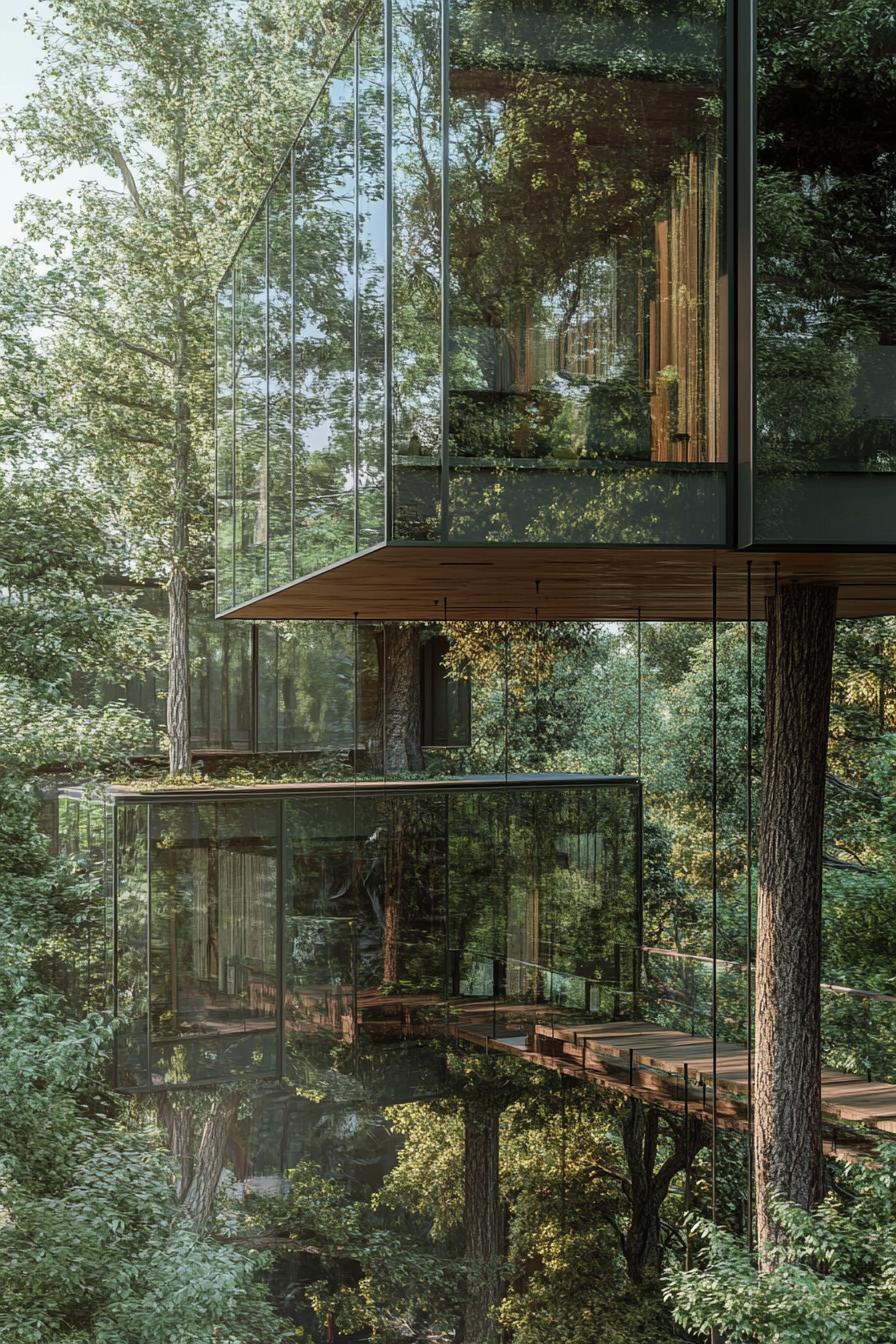 modern glass treehouse village with several cabins connected with suspended bridges between high trees 3