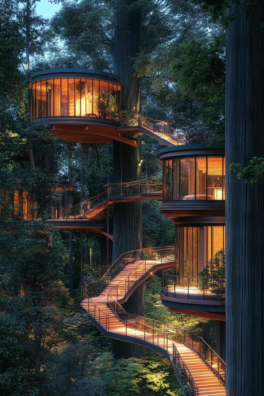 modern glass treehouse village with several cabins connected with suspended bridges between high trees