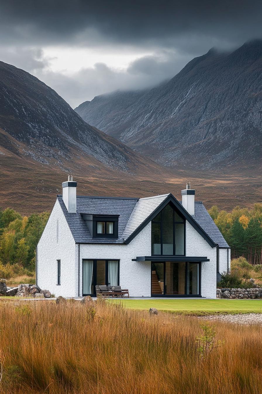 modern grey white house in stunning Scotland mountains