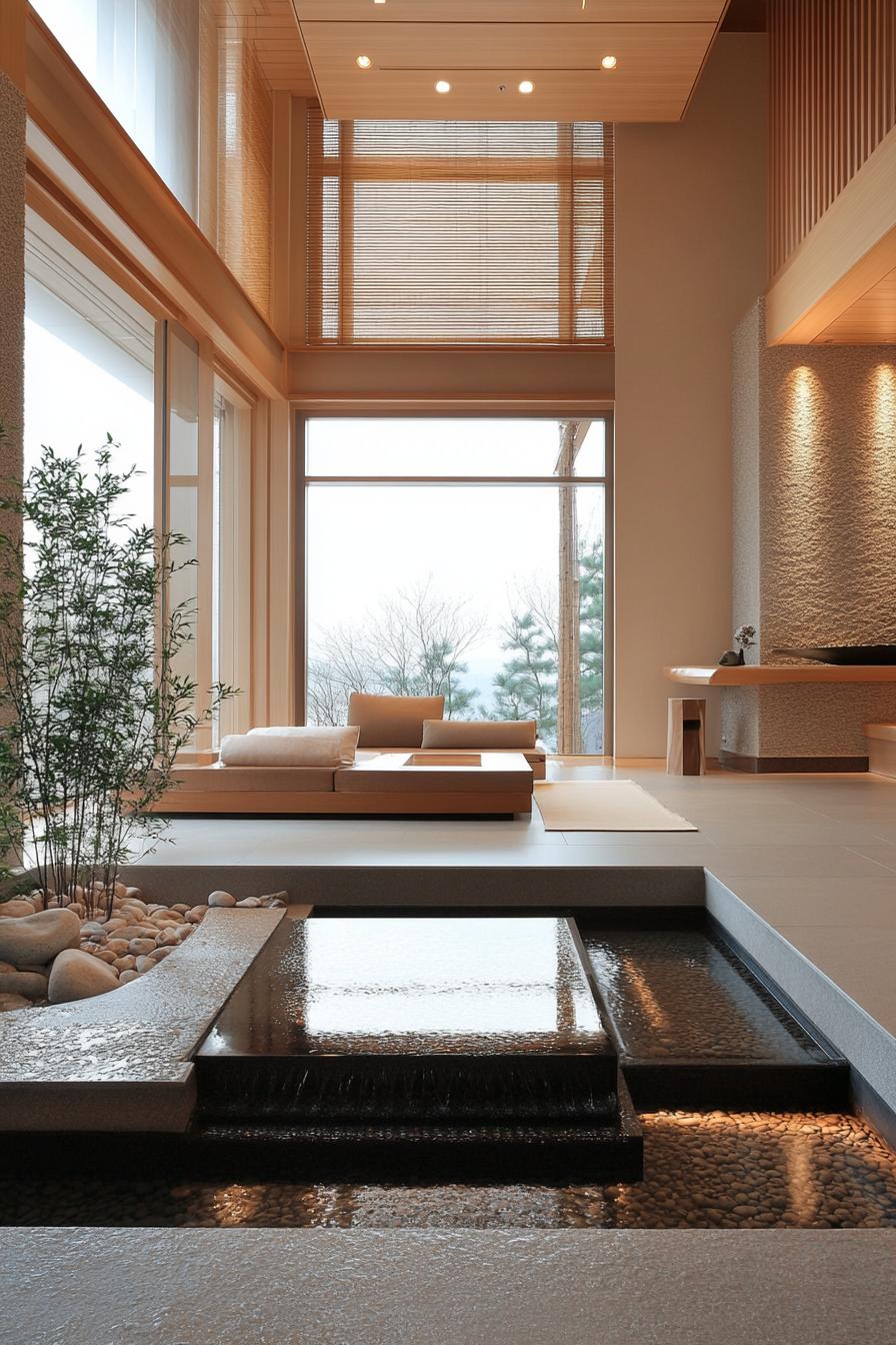 modern home zen style interior living room with water feature 2