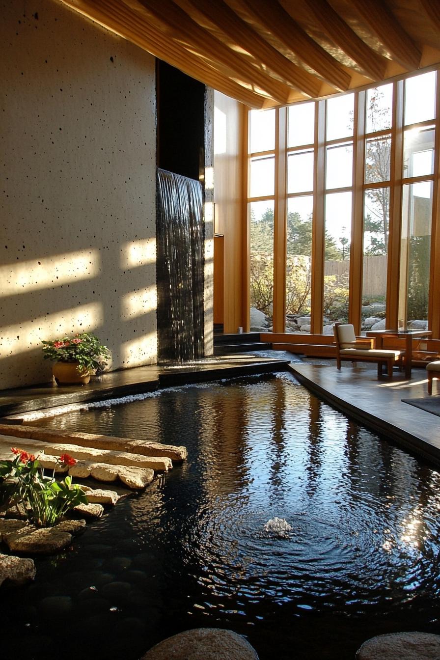 modern home zen style interior living room with water feature 3