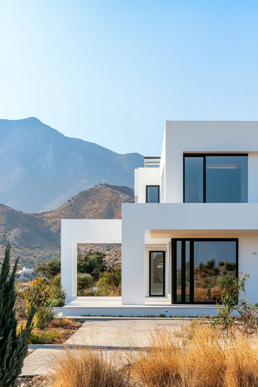 modern house facade combining modern and accents of cycladic architecture Greek mountains in the background 1