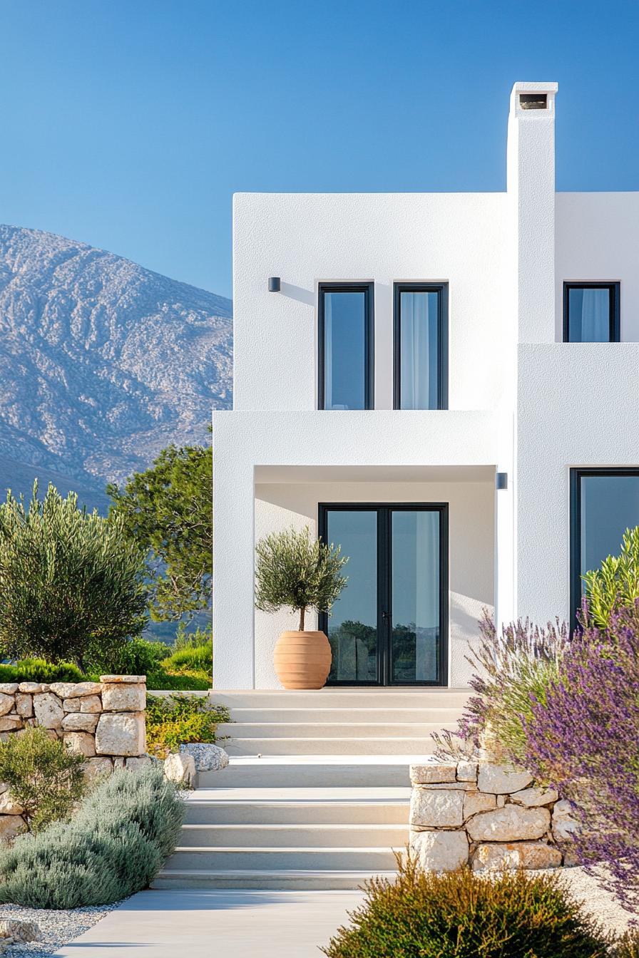 modern house facade combining modern and accents of cycladic architecture Greek mountains in the background 2