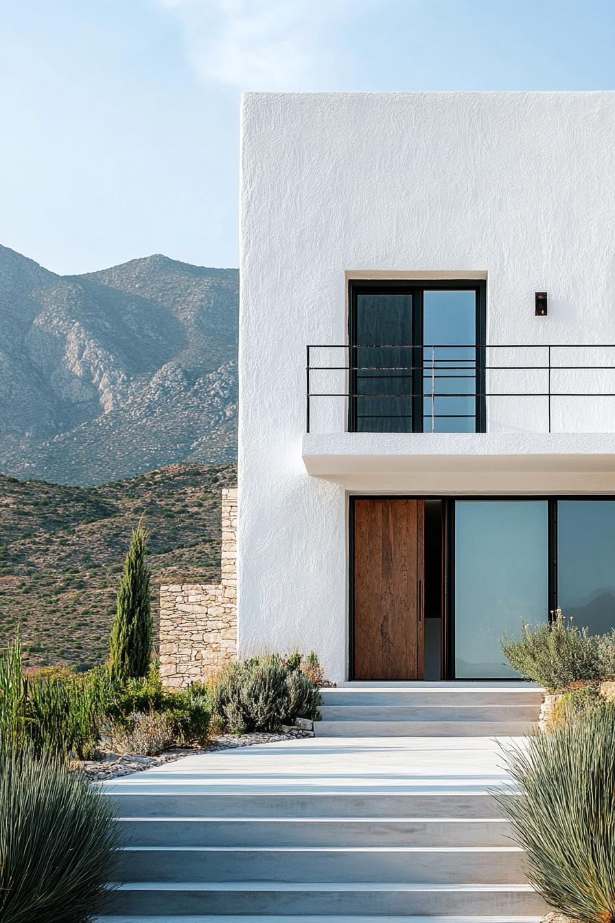 modern house facade combining modern and accents of cycladic architecture Greek mountains in the background 3