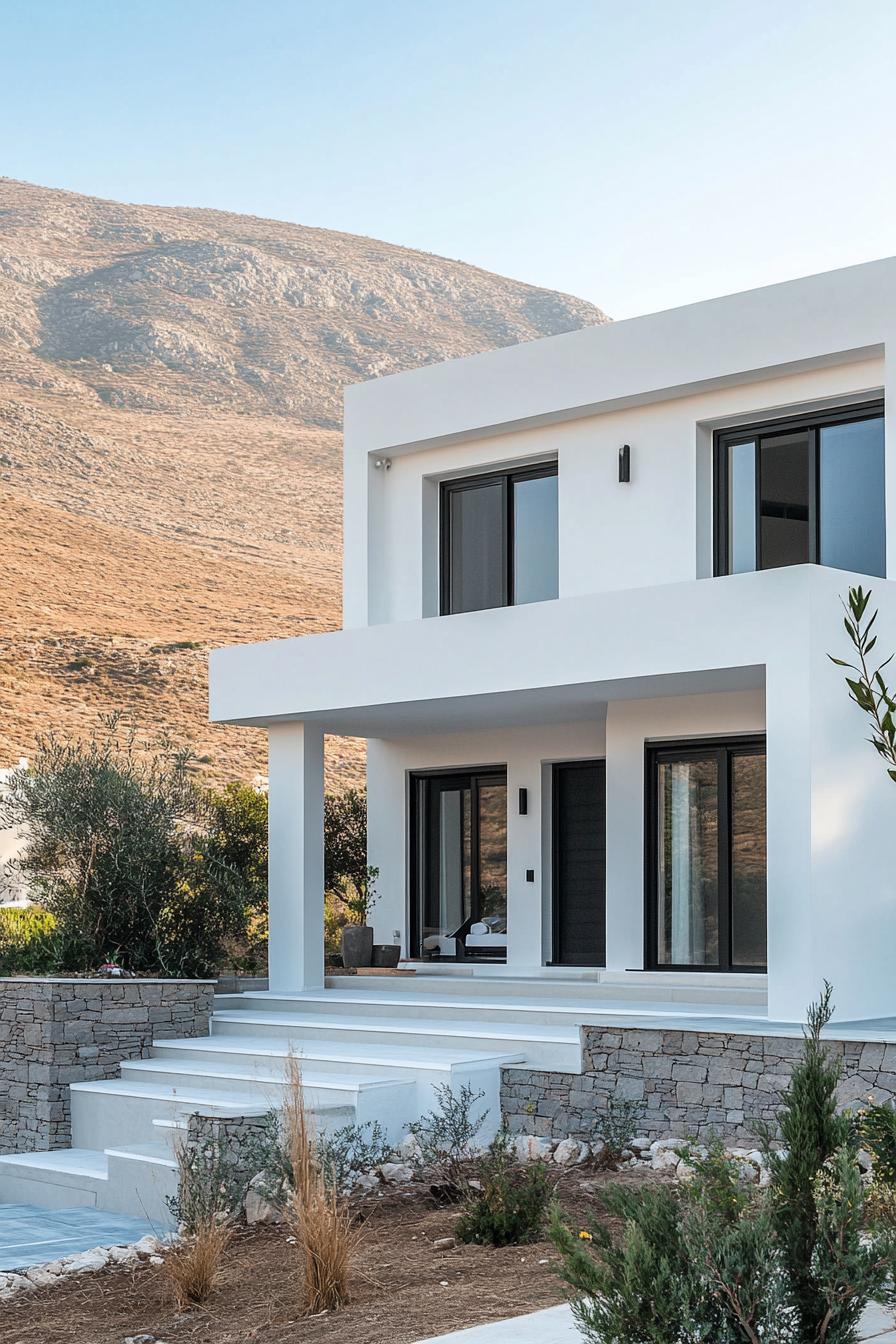 modern house facade combining modern and accents of cycladic architecture Greek mountains in the background