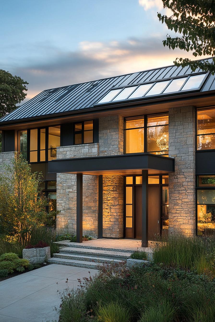 modern house facade with zinc roof and skylights 1