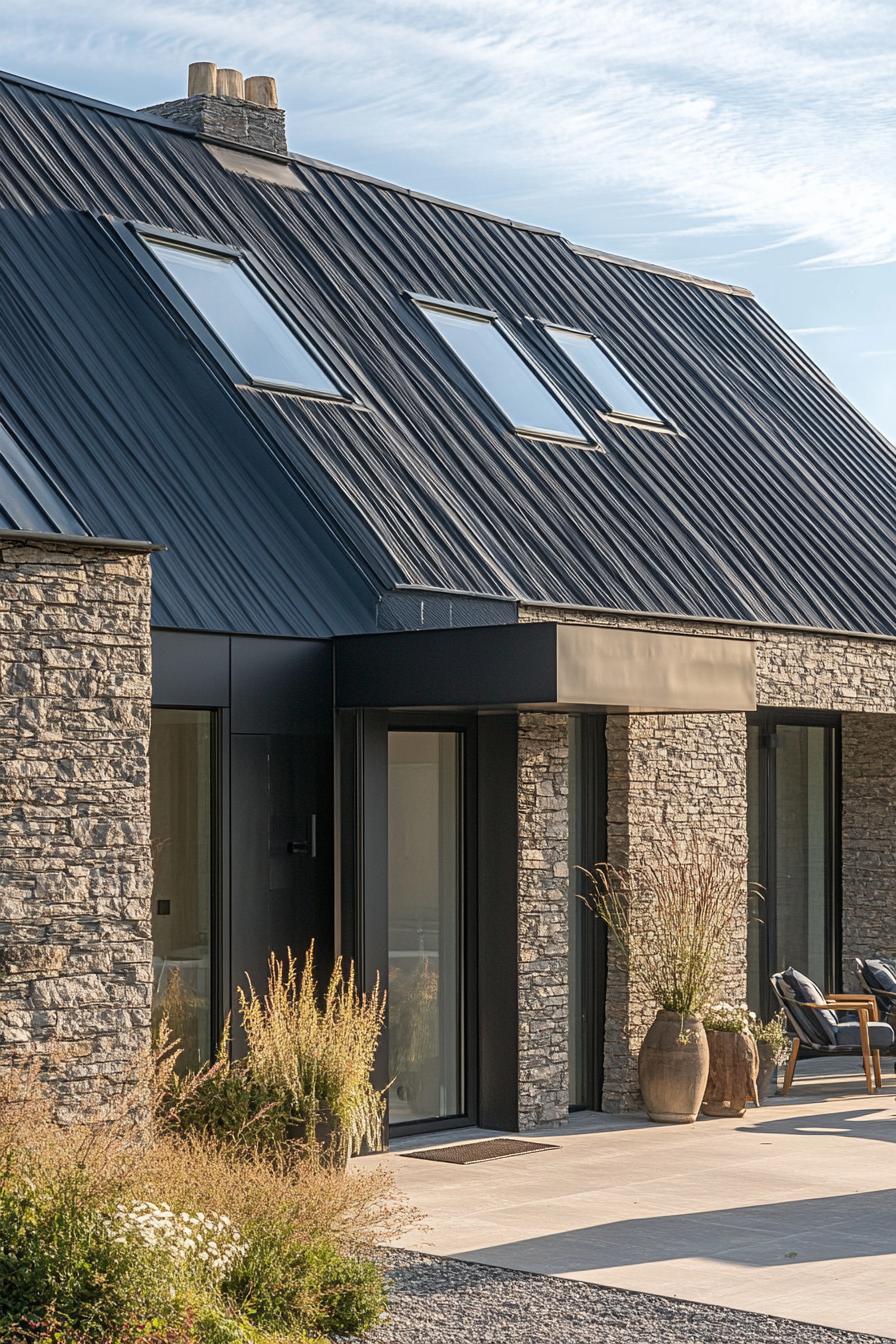 modern house facade with zinc roof and skylights 2