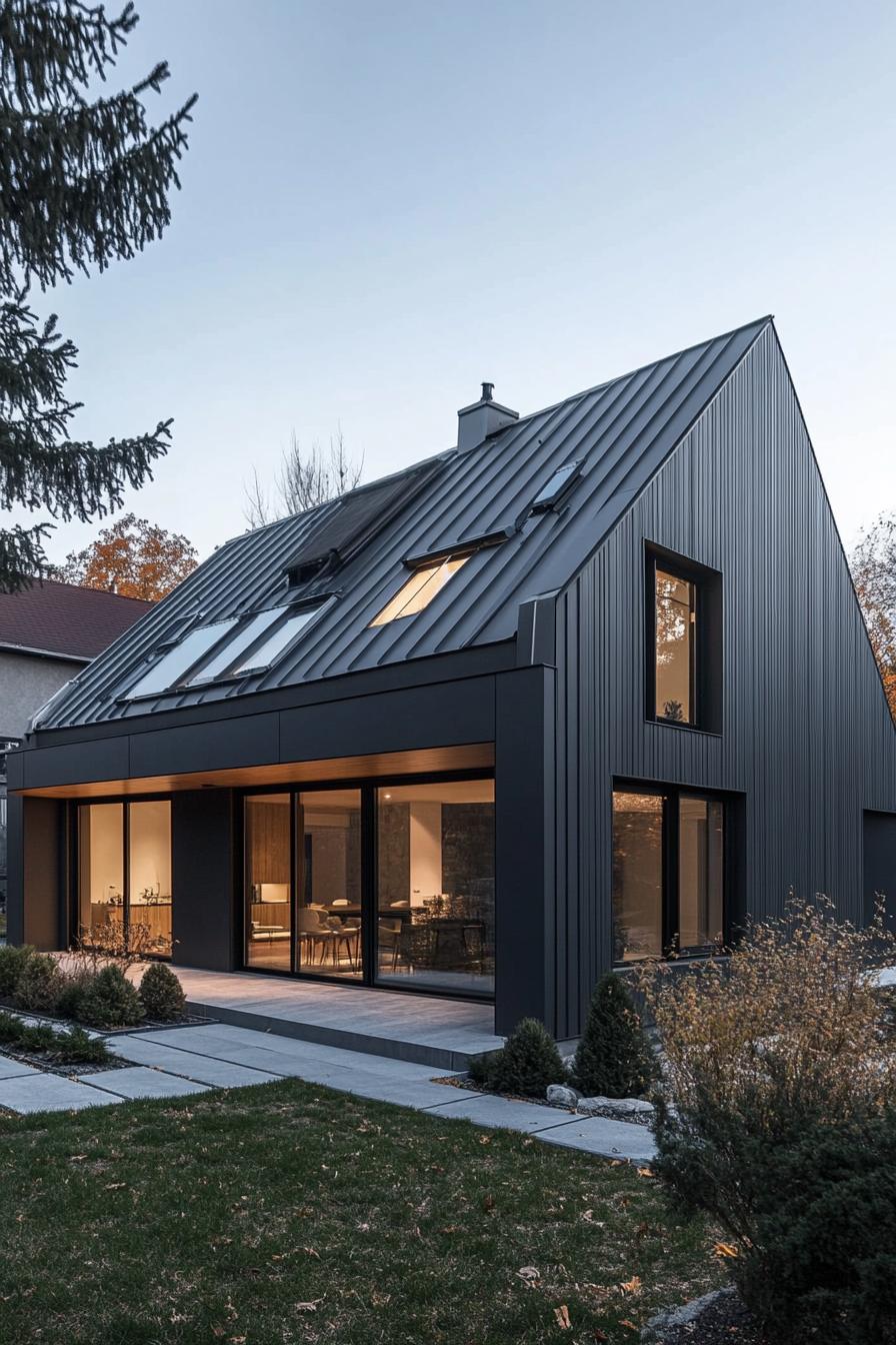 modern house facade with zinc roof and skylights