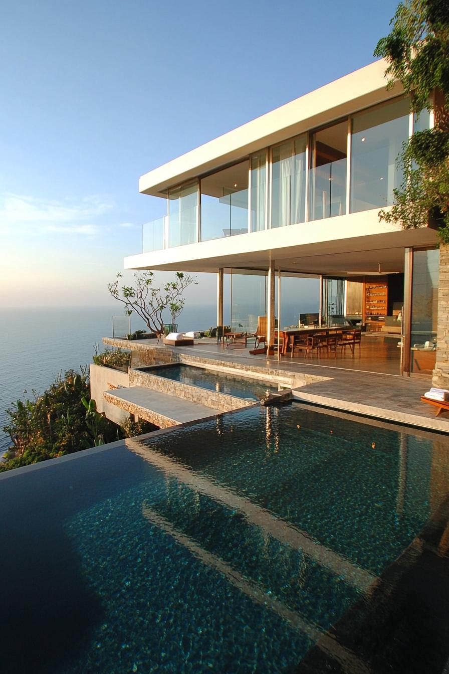 modern house on a slope rooftop infinity pool and ocean views