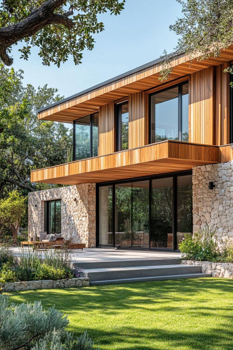 modern house with natural cedar shiplap exterior and stone foundation mediterranean front garden 1