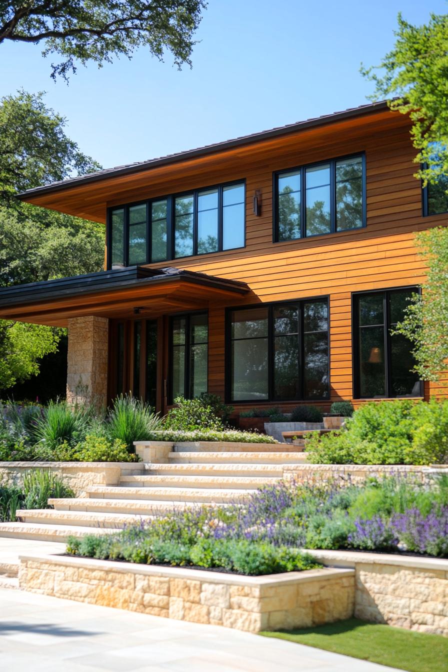 modern house with natural cedar shiplap exterior and stone foundation mediterranean front garden 2