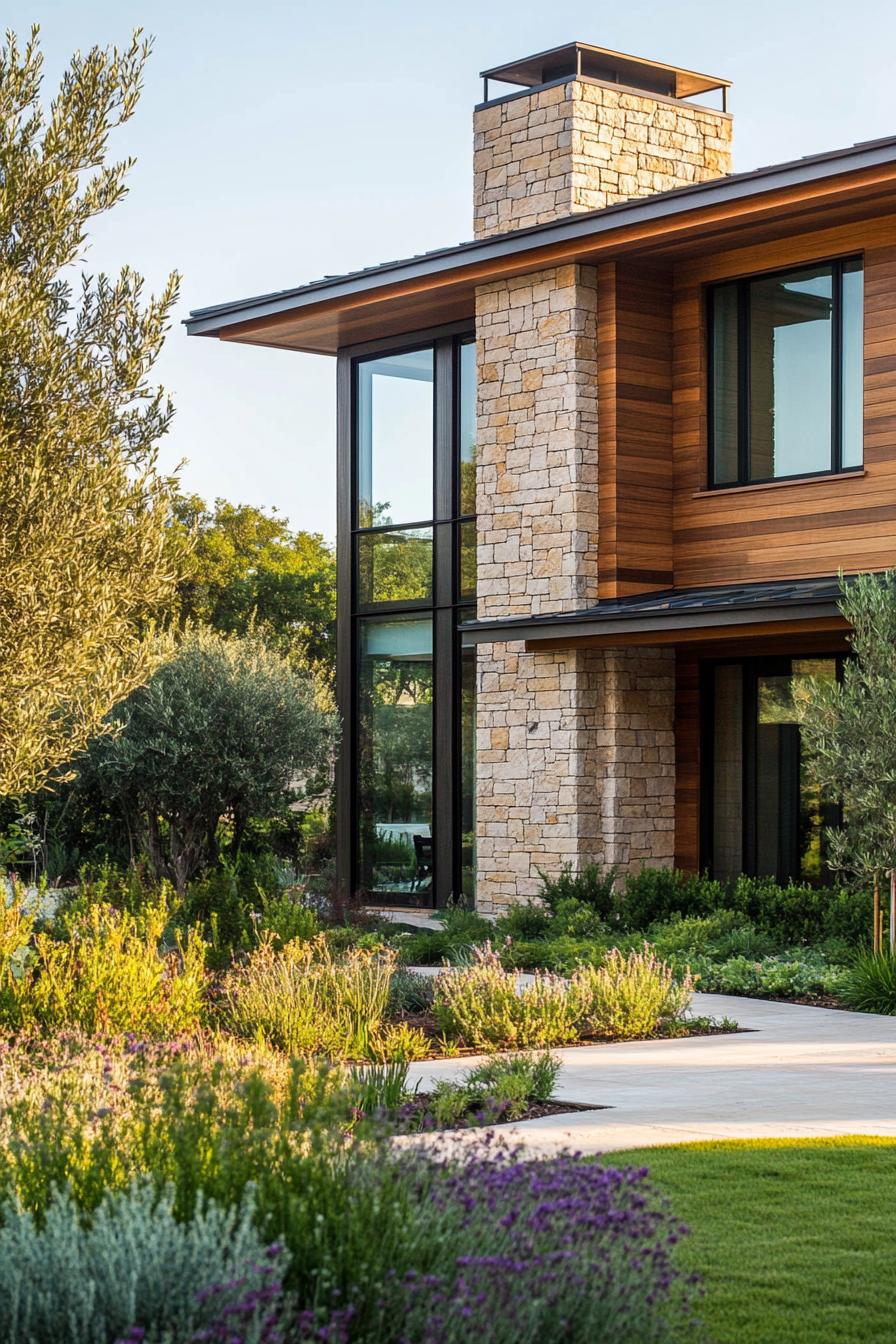 modern house with natural cedar shiplap exterior and stone foundation mediterranean front garden 3