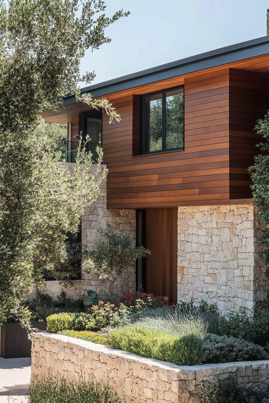 modern house with natural cedar shiplap exterior and stone foundation mediterranean front garden