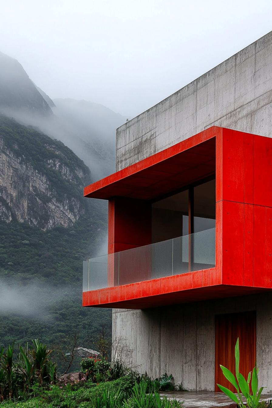 modern house with precast concrete facade with vibrant red sections misty ominous mountain in the background 1