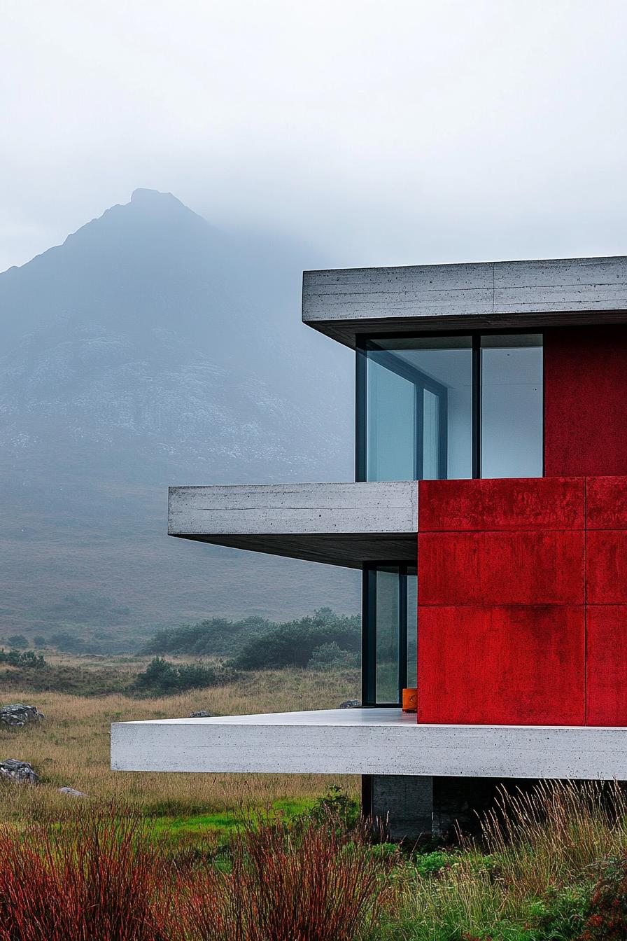 modern house with precast concrete facade with vibrant red sections misty ominous mountain in the background 2