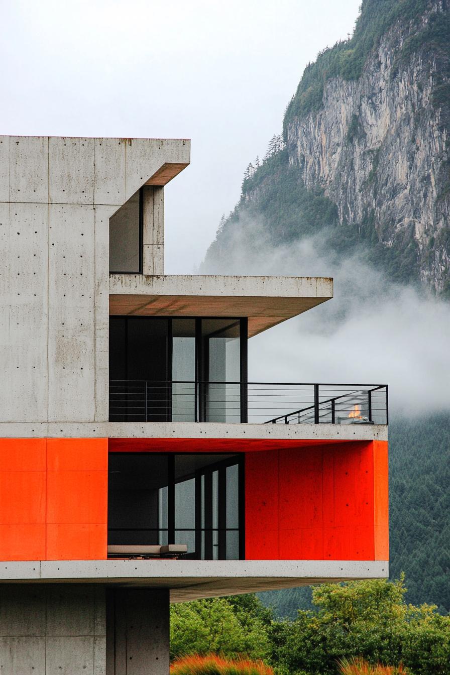 modern house with precast concrete facade with vibrant red sections misty ominous mountain in the background 3