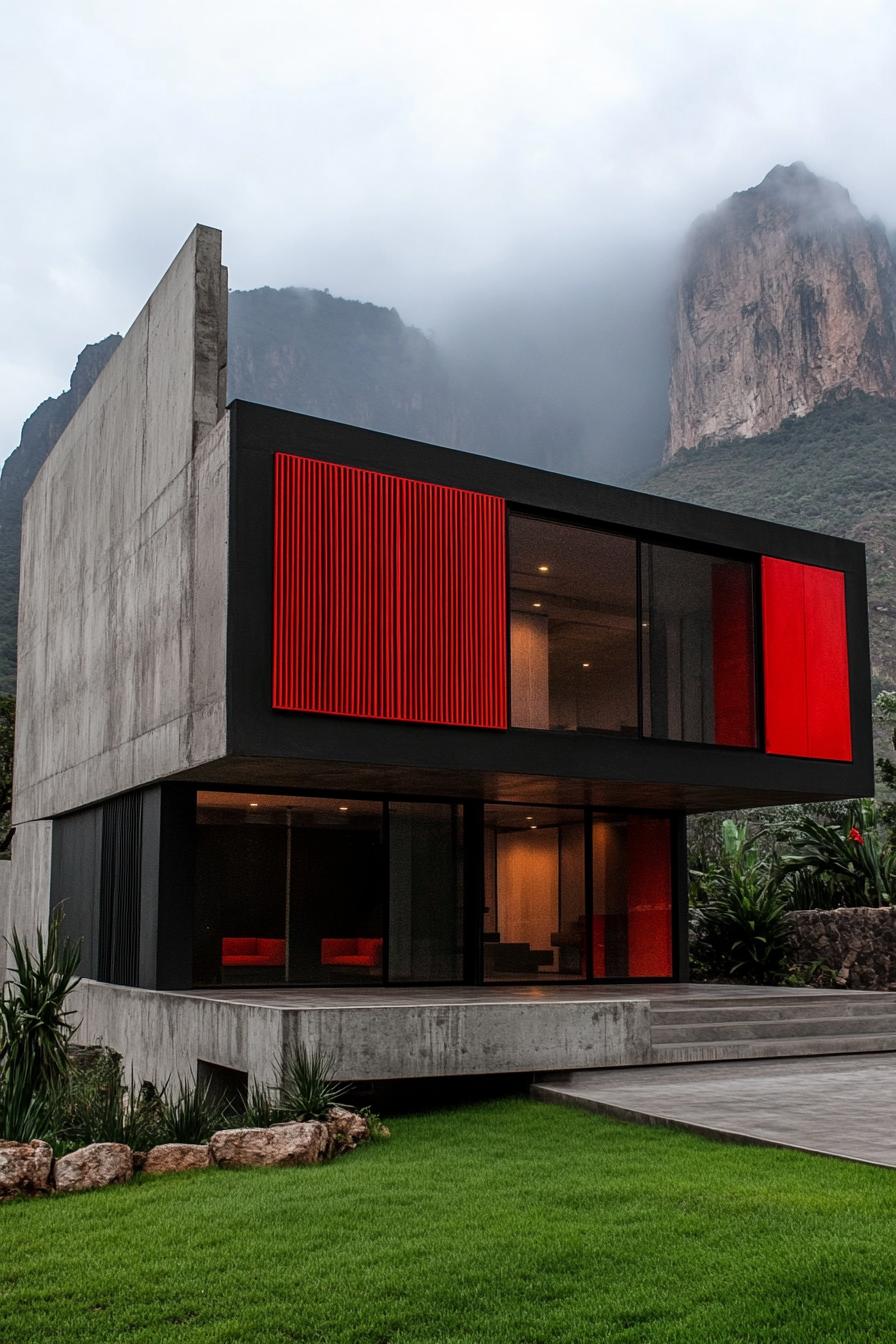 modern house with precast concrete facade with vibrant red sections misty ominous mountain in the background