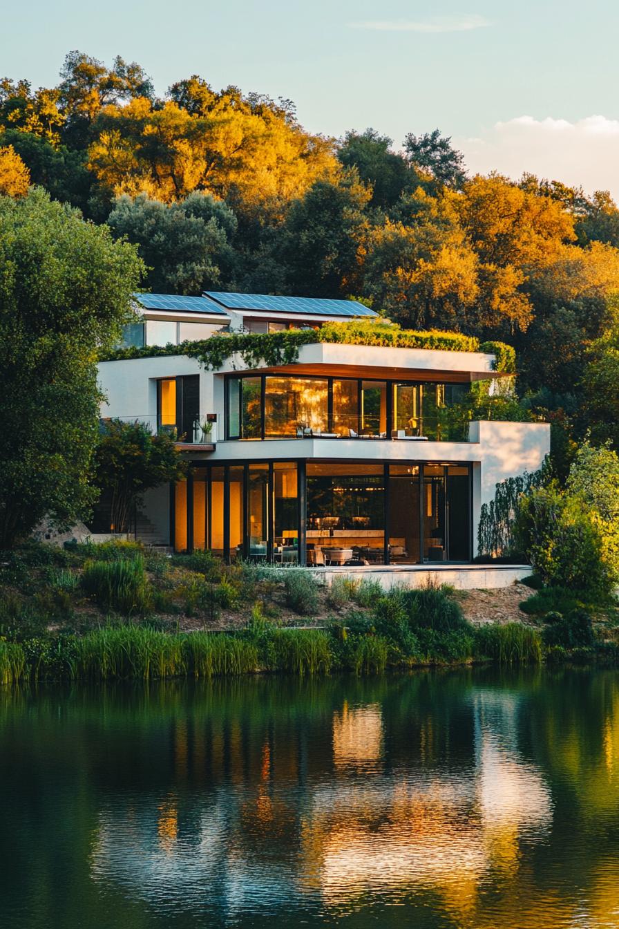 modern house with solar roof tiles on a hill by a lake with lush trees 1