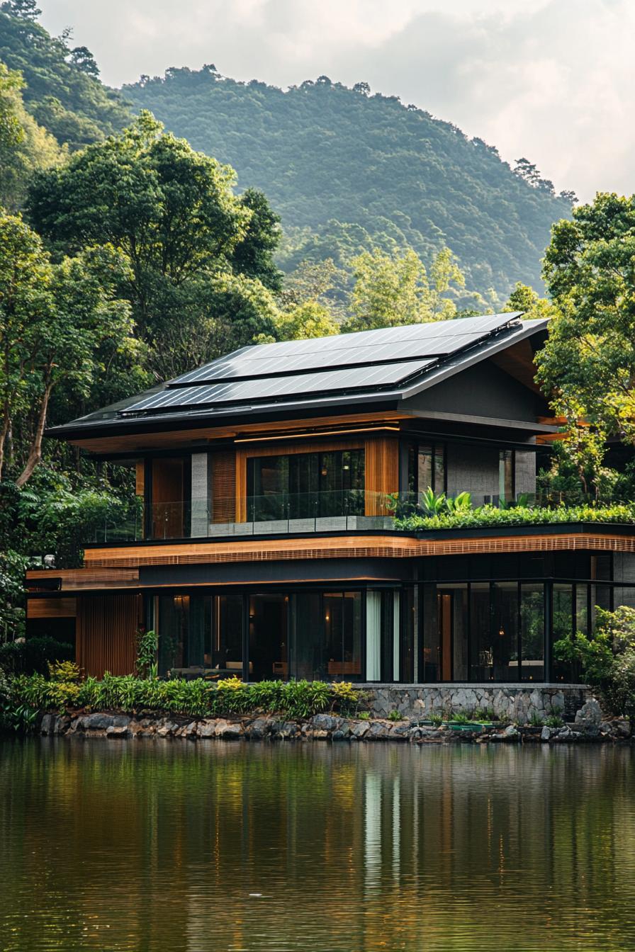 modern house with solar roof tiles on a hill by a lake with lush trees 2