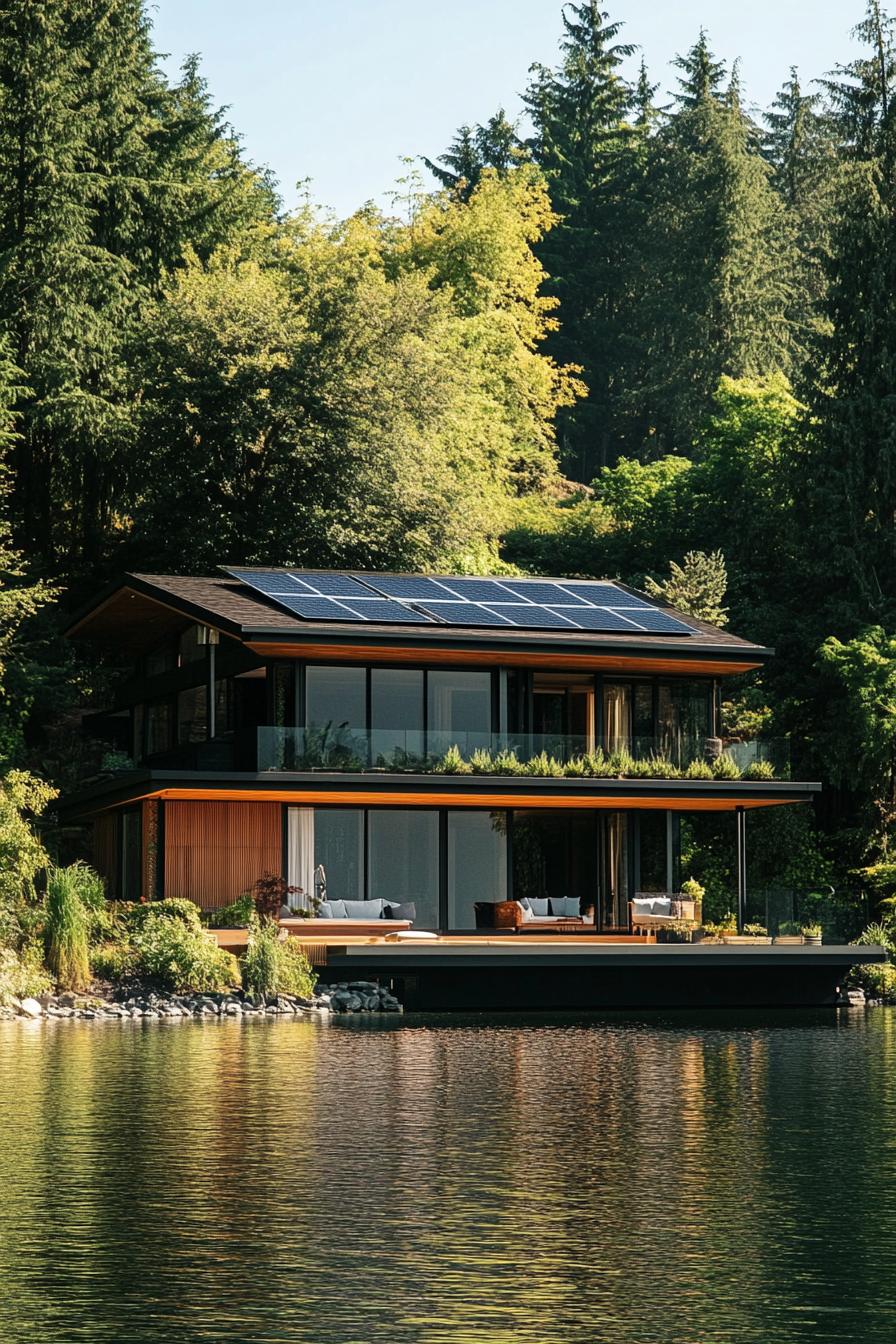 modern house with solar roof tiles on a hill by a lake with lush trees 3