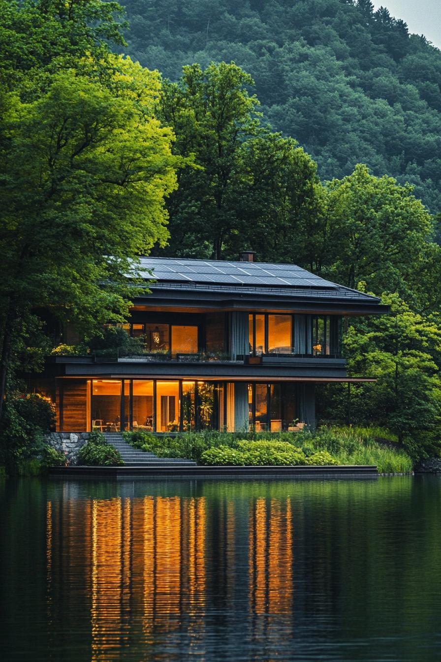 modern house with solar roof tiles on a hill by a lake with lush trees