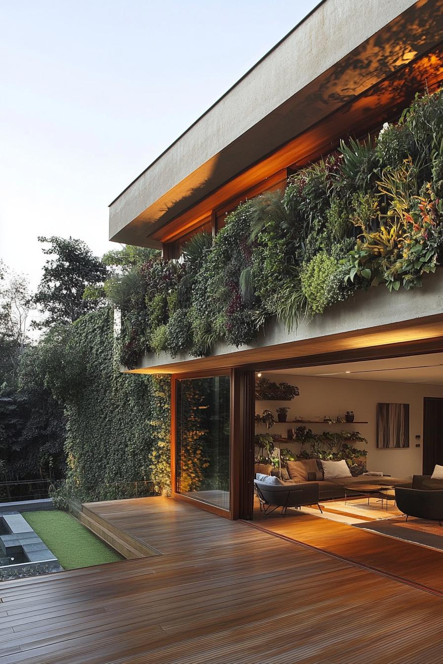 modern house wraparound deck with vertical garden wall