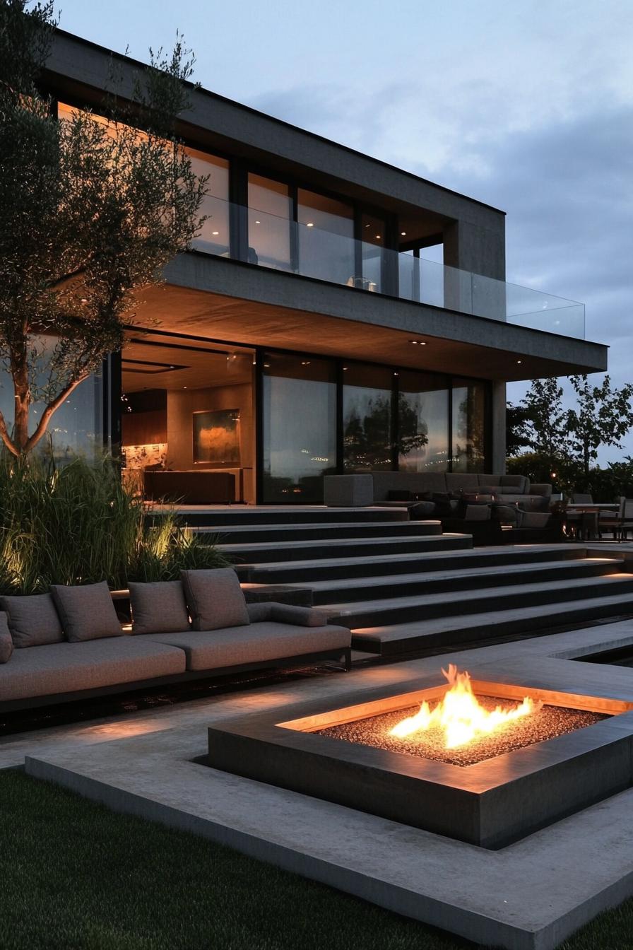 modern house yard firepit lounge area 1