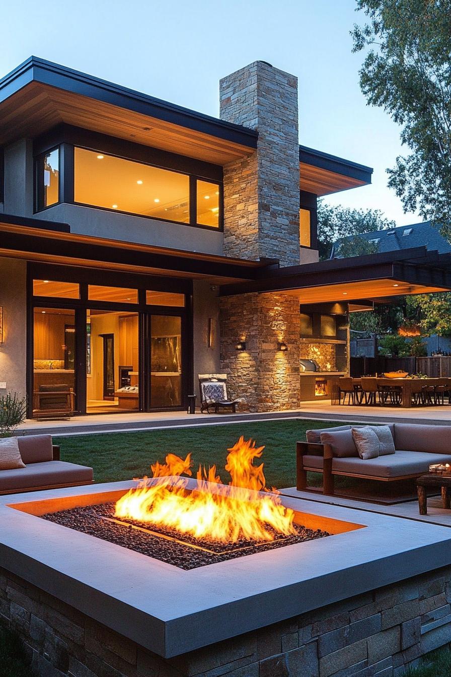 modern house yard firepit lounge area