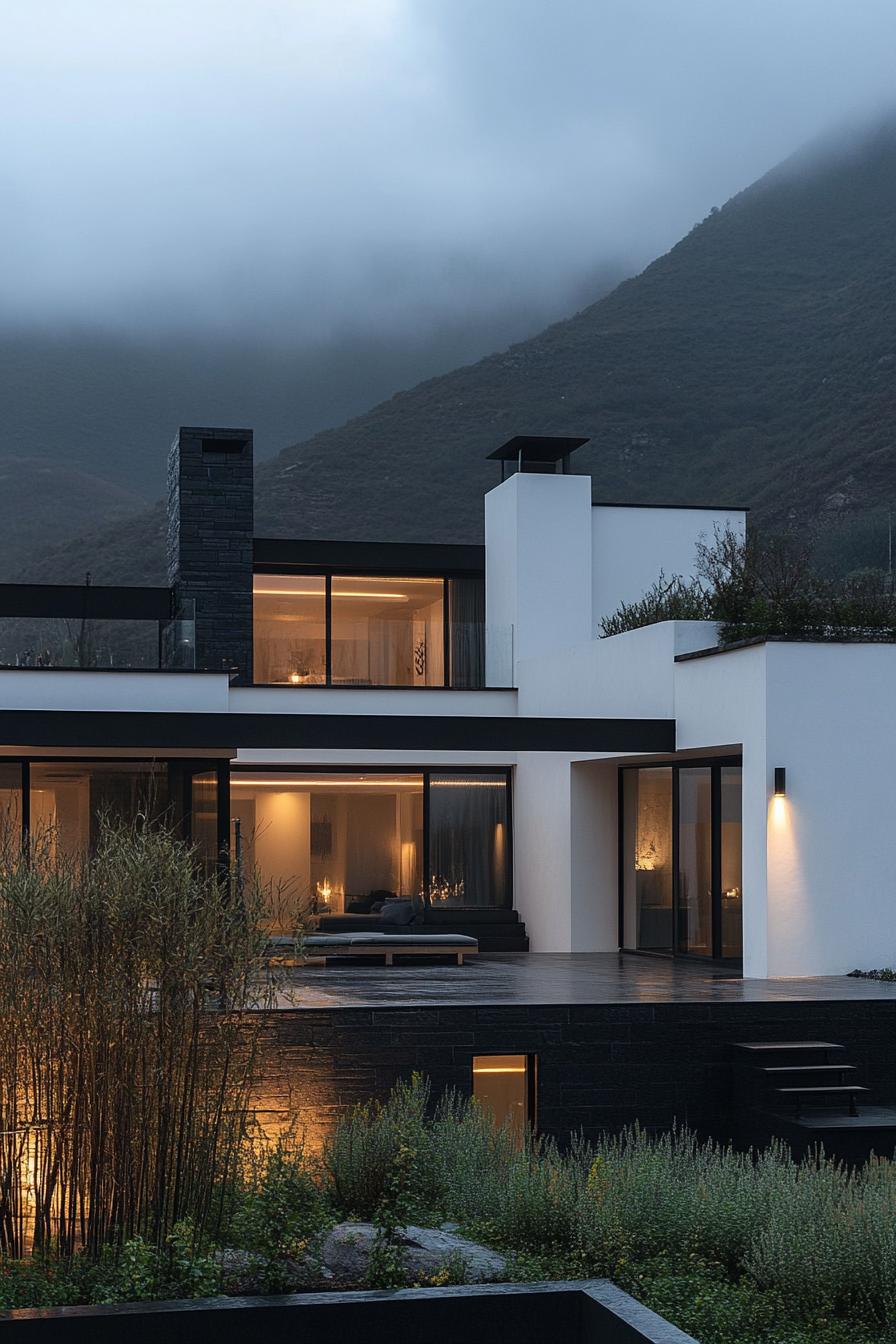 modern industrial style house white facade and black light fixtures imposing misty mountain in the background 1