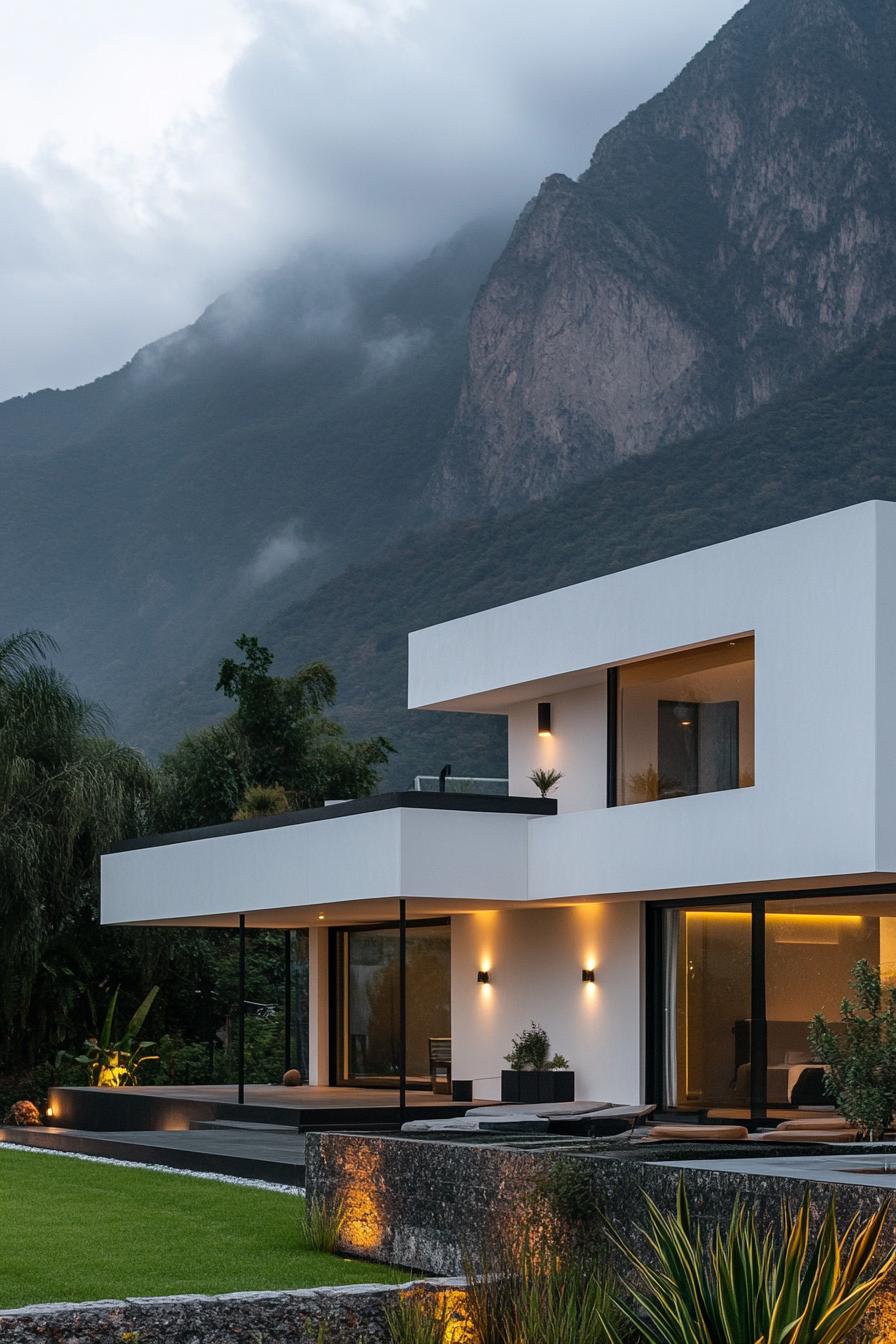 modern industrial style house white facade and black light fixtures imposing misty mountain in the background 2