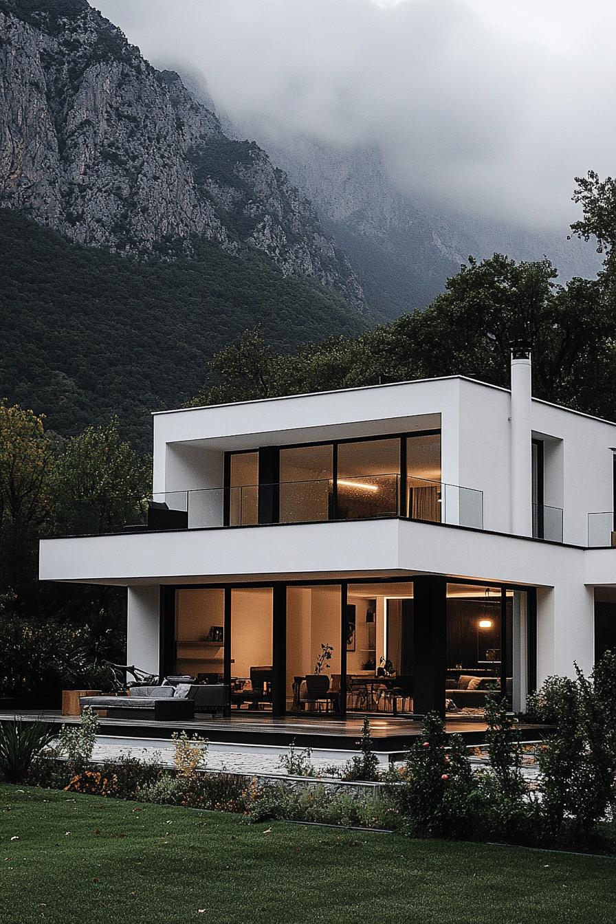 modern industrial style house white facade and black light fixtures imposing misty mountain in the background 3