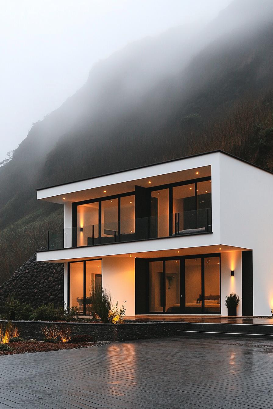 modern industrial style house white facade and black light fixtures imposing misty mountain in the background