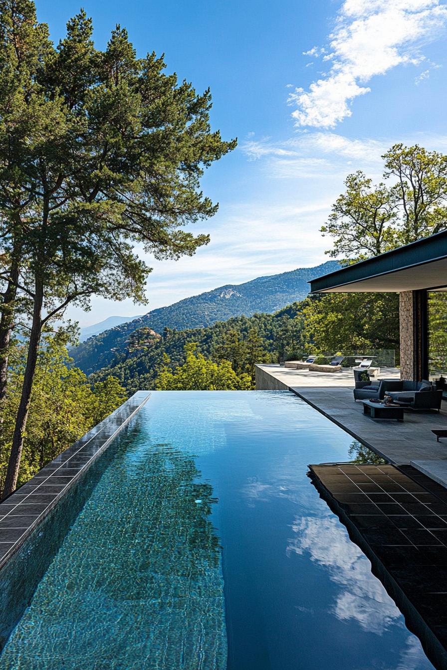 modern mansion pool with black tiles stunning Scandinavian mountain views 1