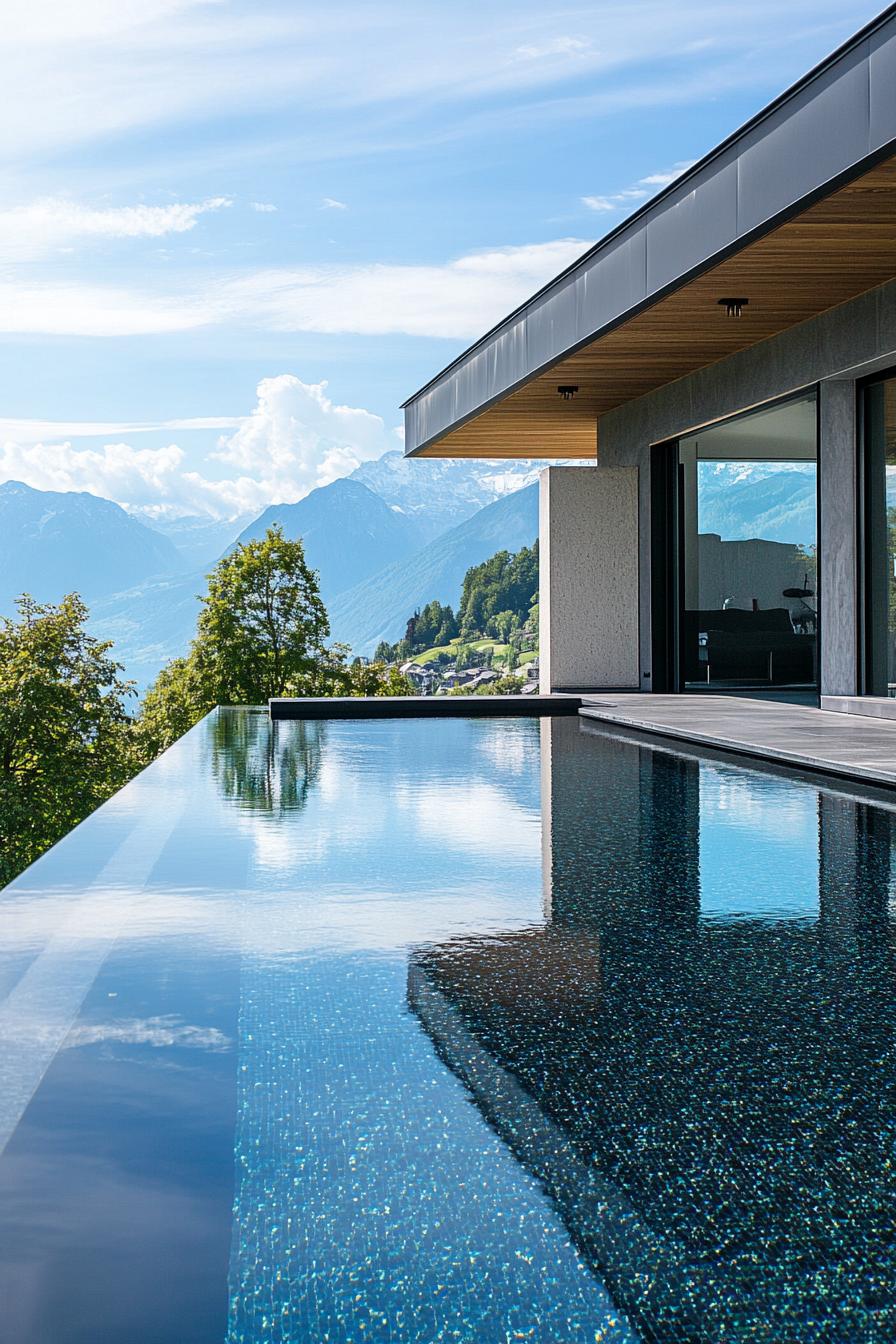 modern mansion pool with black tiles stunning Scandinavian mountain views 2