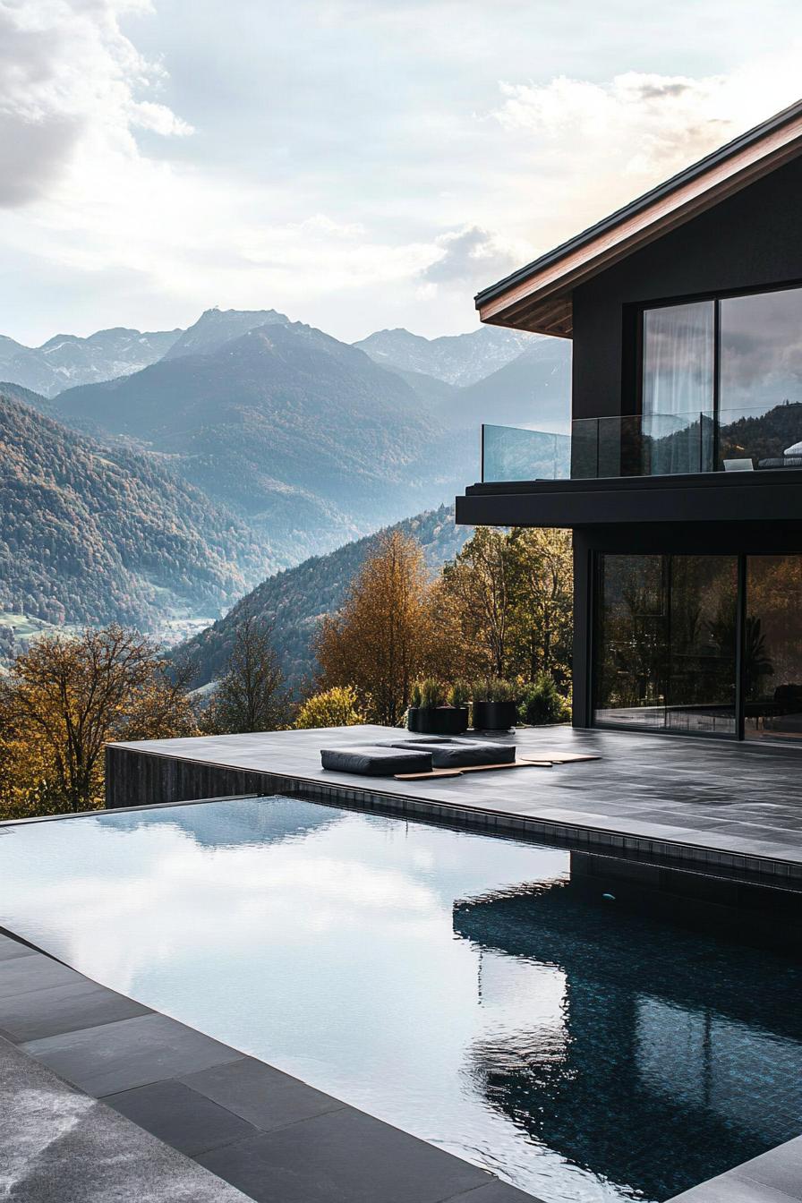 modern mansion pool with black tiles stunning Scandinavian mountain views 3