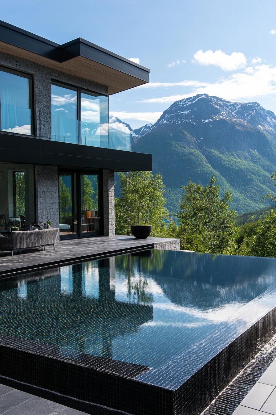 modern mansion pool with black tiles stunning Scandinavian mountain views