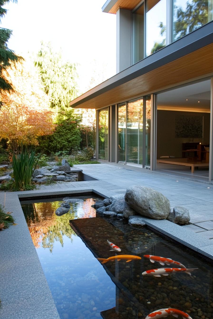 modern minimalist house courtyard with large glass doors opening to a koi pond and zen rock garden 1