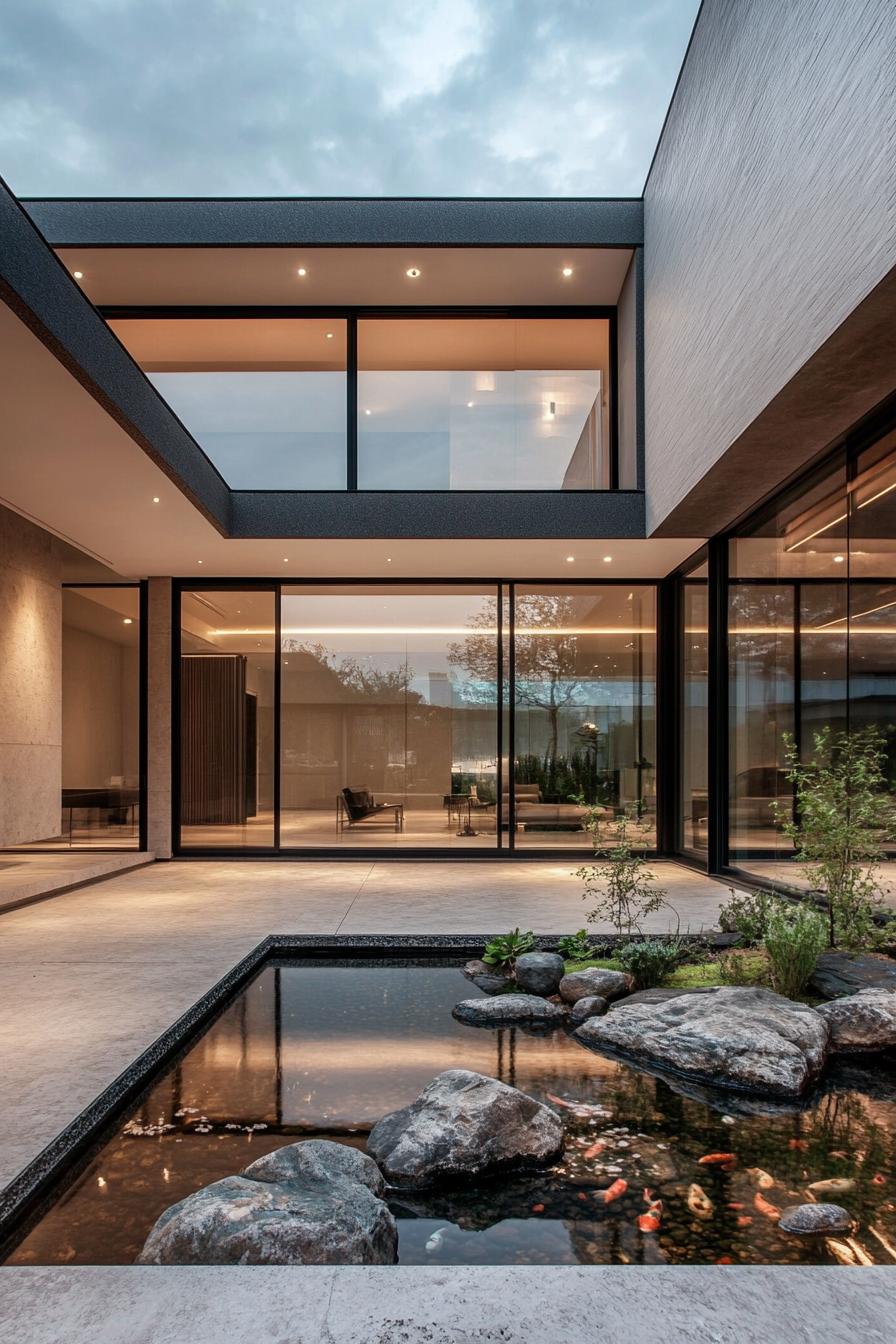 modern minimalist house courtyard with large glass doors opening to a koi pond and zen rock garden 2