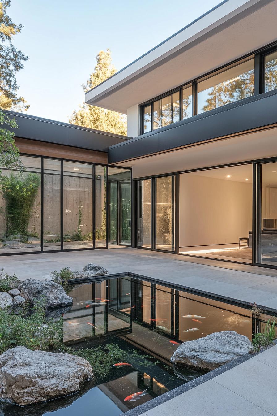 modern minimalist house courtyard with large glass doors opening to a koi pond and zen rock garden 3