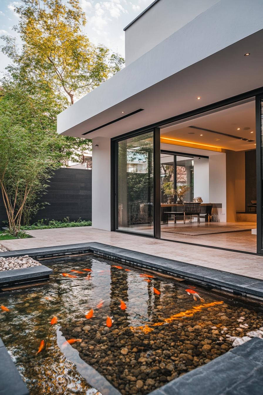 modern minimalist house courtyard with large glass doors opening to a koi pond and zen rock garden