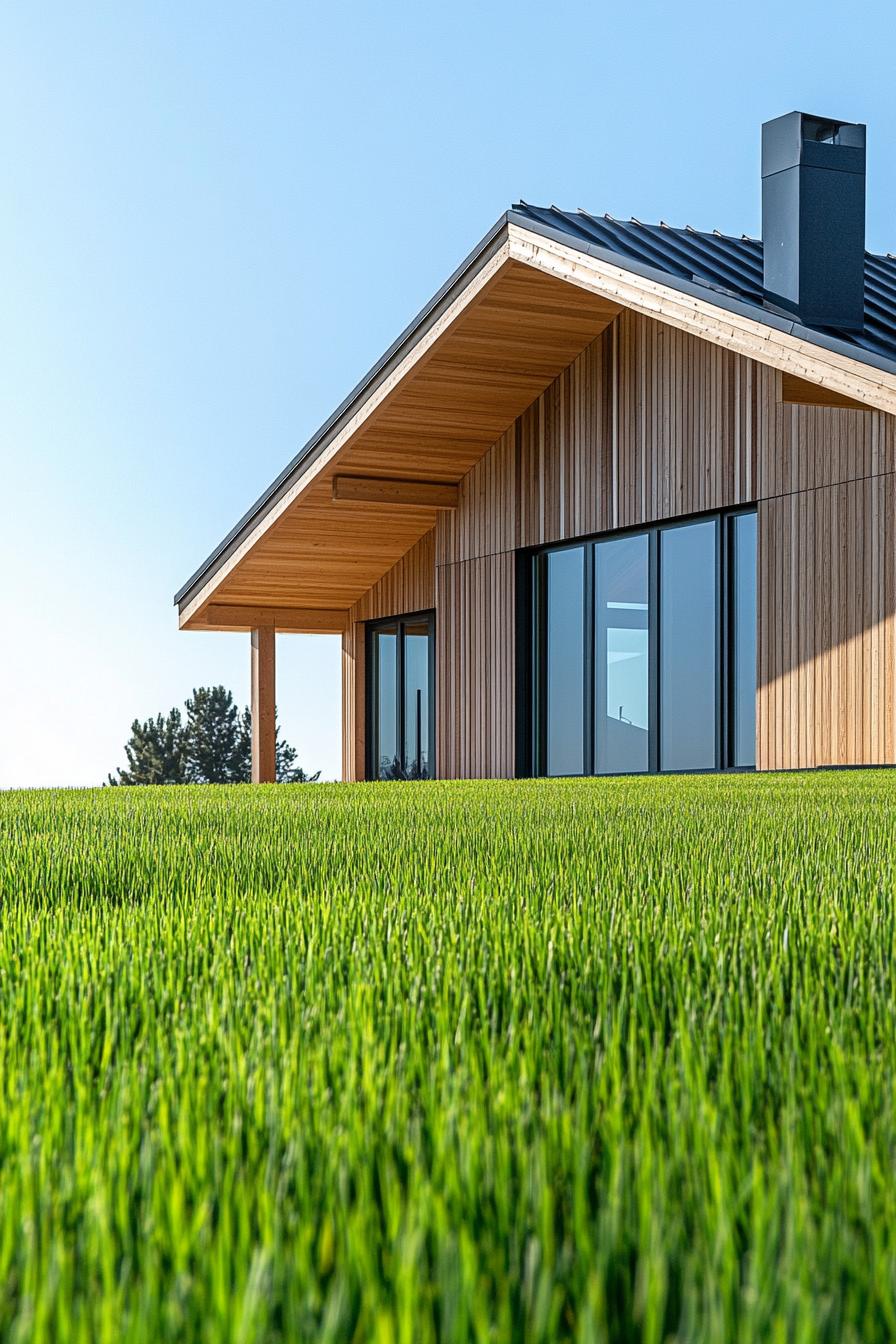 modern rural timber framing house facade with minimalist detailing in front a plain green grass of a homestead 1