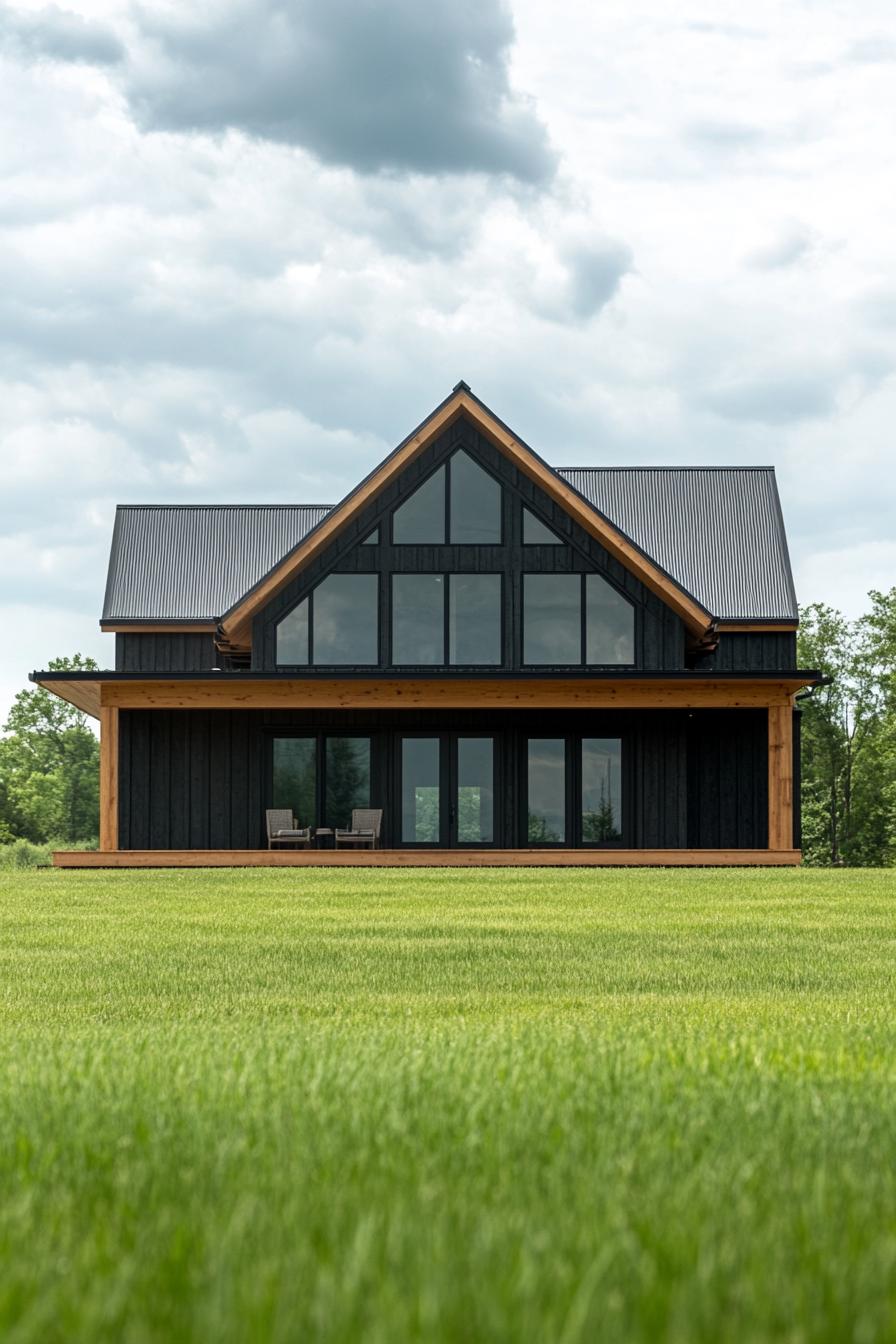 modern rural timber framing house facade with minimalist detailing in front a plain green grass of a homestead 2