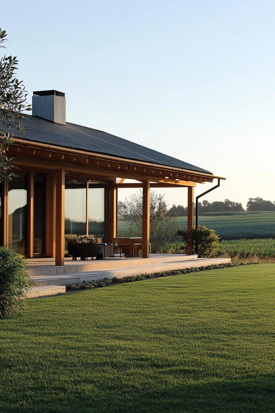 modern rural timber framing house facade with minimalist detailing in front a plain green grass of a homestead 3