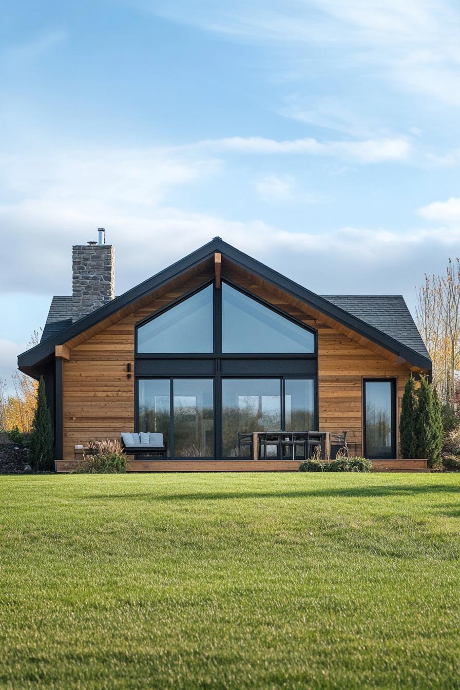 modern rural timber framing house facade with minimalist detailing in front a plain green grass of a homestead