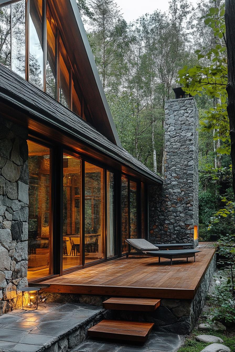 modern rustic stone and wood cottage house in deep mountain forest 1