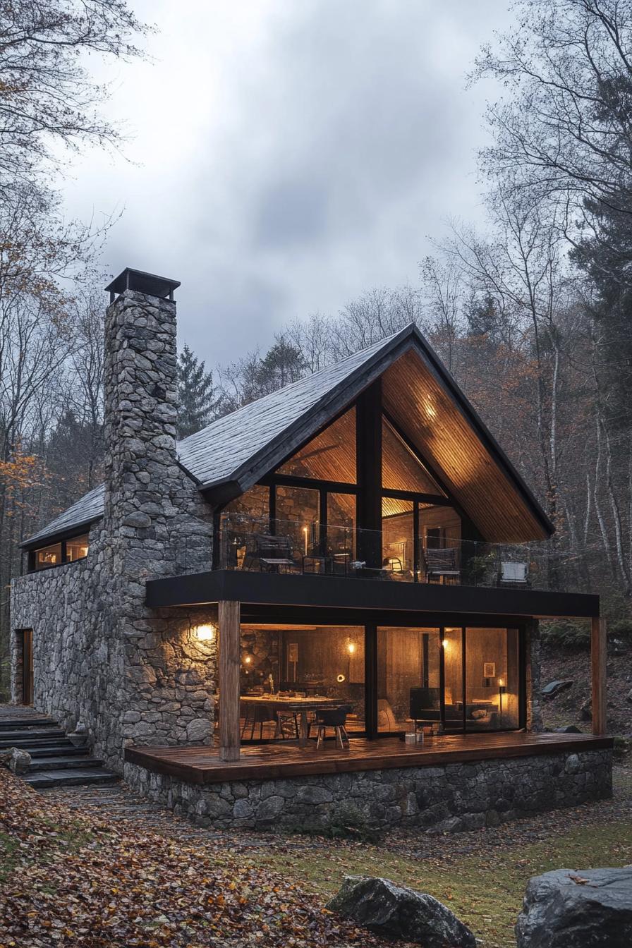 modern rustic stone and wood cottage house in deep mountain forest 2